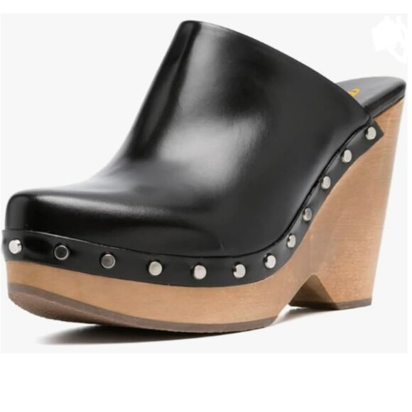 FYS Black Round Toe Slip on Mules Rivet Studded High Heel Wedges Fashion Shoes - Picture 1 of 8